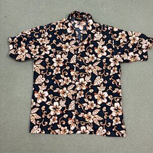 Vintage ODO Hawaiian Shirt Men's Med Blue Orange Floral Button Short Sleeve Y2K